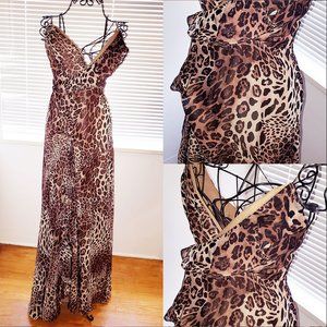 Vintage Faux Leopard Print Nylon Gown Long Crisscross Straps Barbiecore 90s S